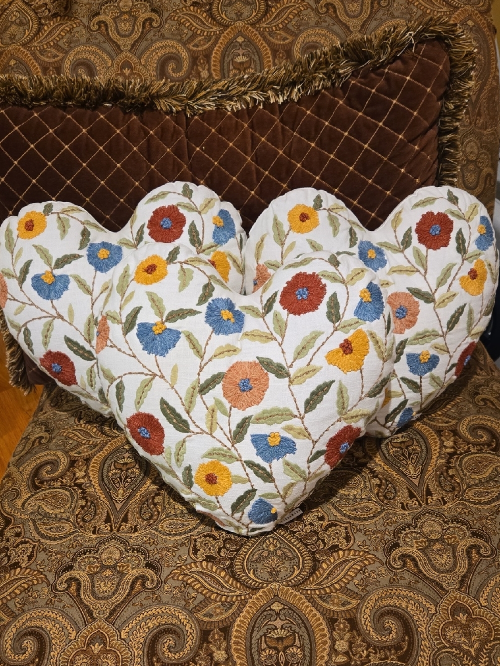 Bundle Of 3 Pottery Barn Embroided Flower Heart Shape Throw Pillows